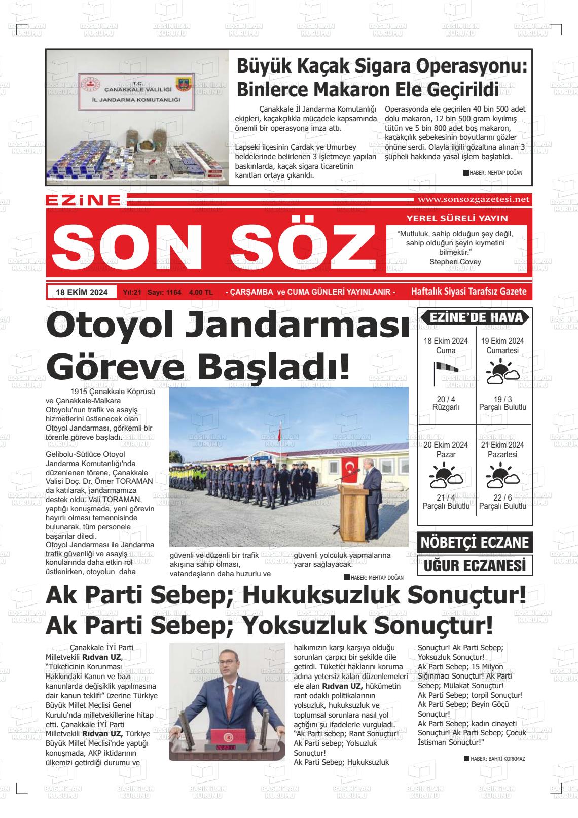 EZİNE SONSÖZ Gazetesi