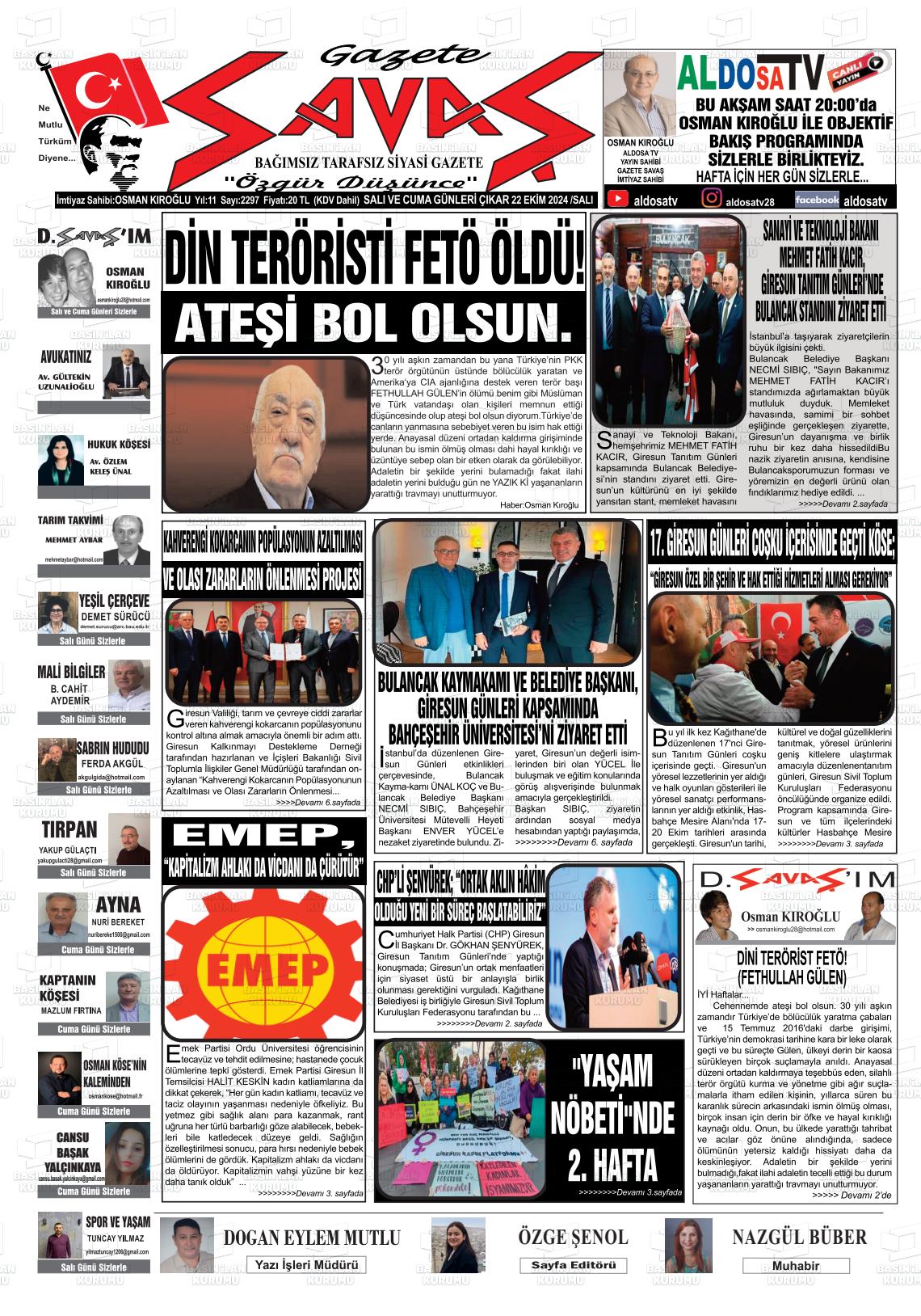 GAZETE SAVAŞ Gazetesi