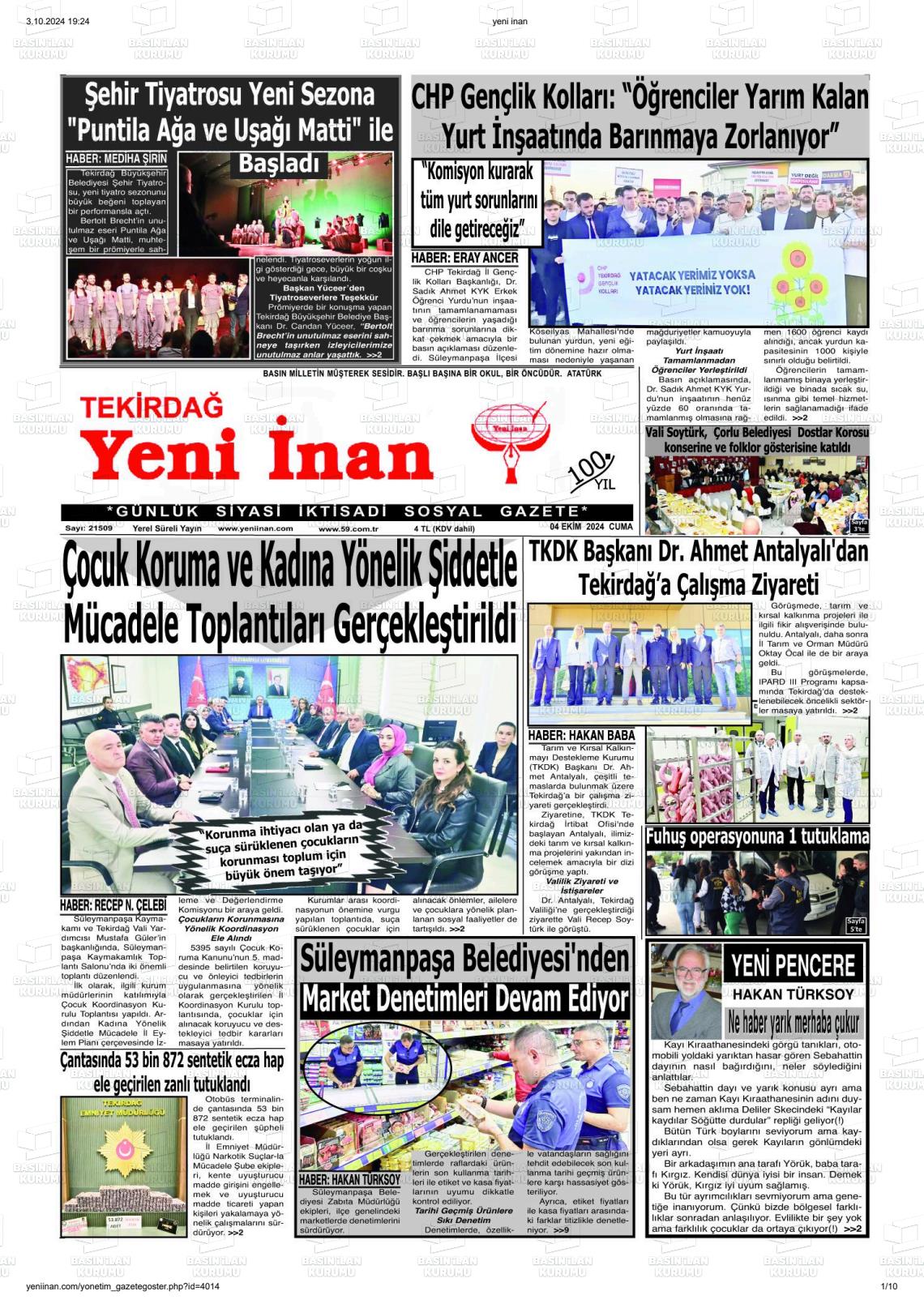 TEKİRDAĞ YENİ İNAN Gazetesi