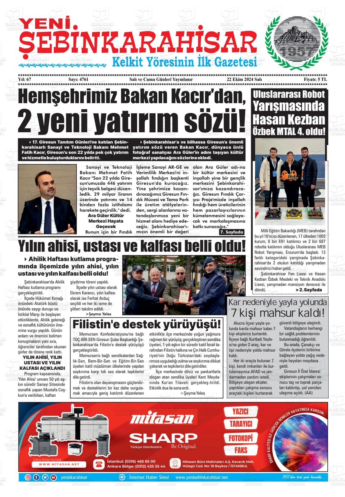 YENİ ŞEBİNKARAHİSAR Gazetesi